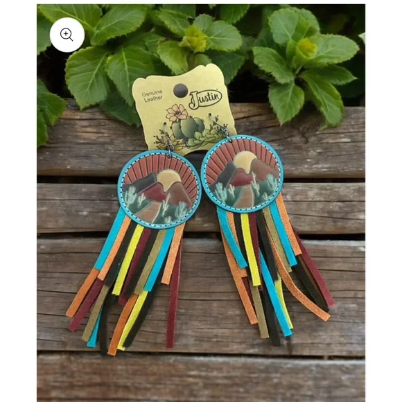 Justin Genuine Leather Sunset Fringe Earrings - Turquoise, Coral, Brown - Picture 2 of 3
